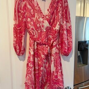 Taylor Vibrant Pink Paisley Long Sleeve Dress